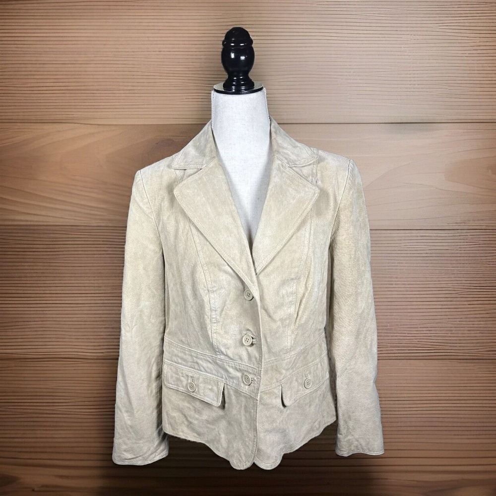 Suede Blazer Nappa Leather Women's L Beige Neutral Boho Chic Classic Retro 70s